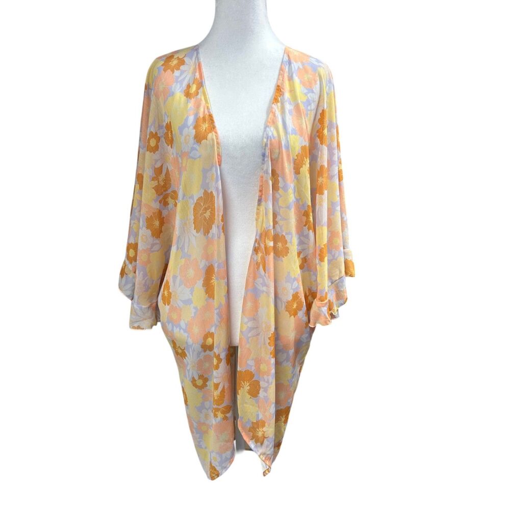 Peach Love Kimono Cardigan Retro Groovy Whimsical Floral Ruffle Open Front Sz S